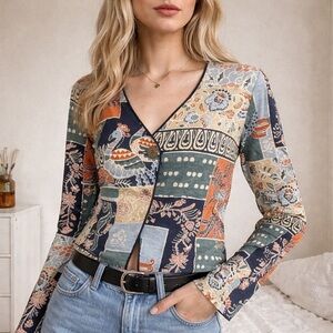 Georges Rech Paris 100% Linen Patchwork Cardigan Boho Vintage Style Small